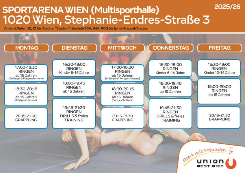 Stundenplan Sportarena Wien 2025_26 Auflistung aller Einheiten unterhalb